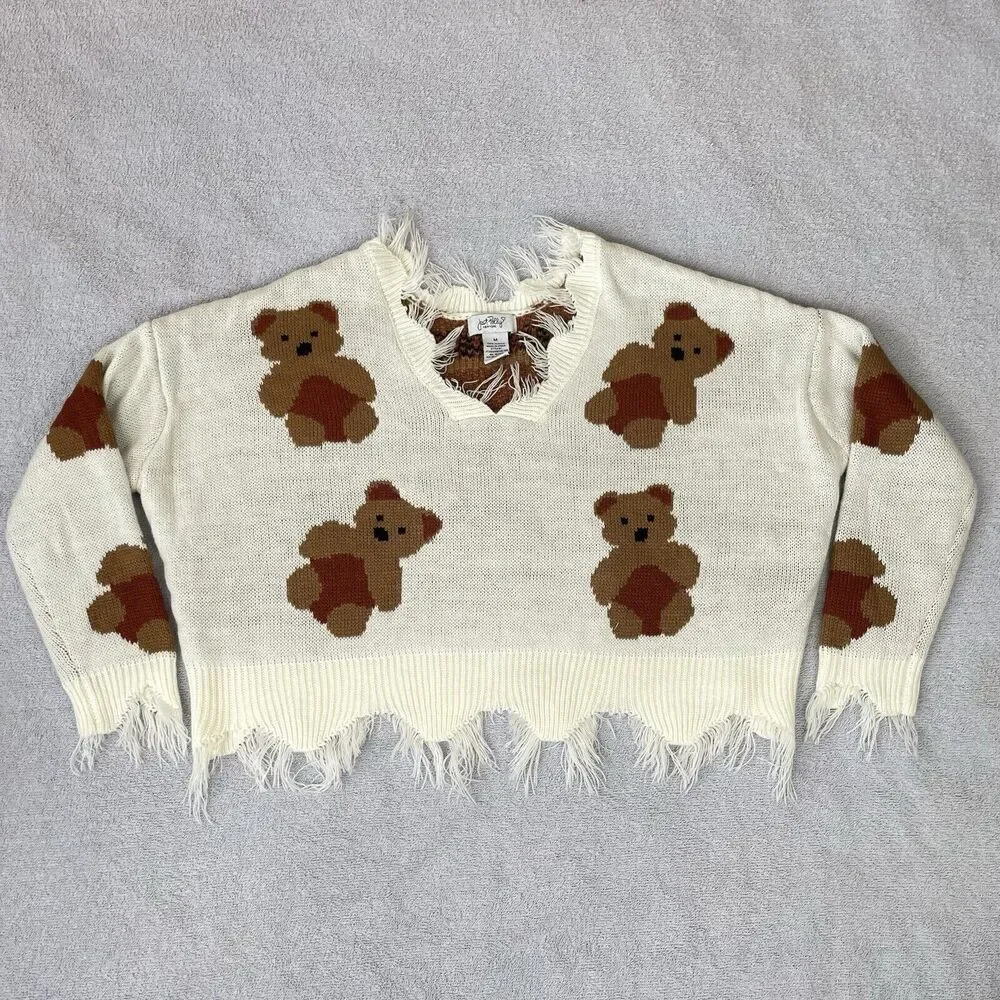 Just Polly NY Teddy Bear Sweater Women's Medium V-Neck Fray Frilly Knit - Picture 12 of 14